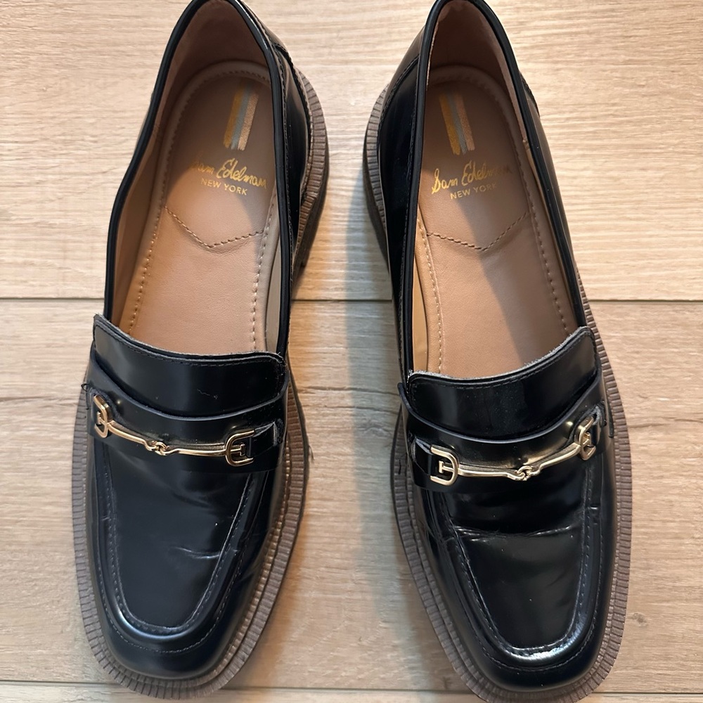 Sam Edelman Black Leather Lug Sole Loafers with Gold Hardware - Picture 4 of 5